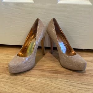 BCBG Nude snake pumps
